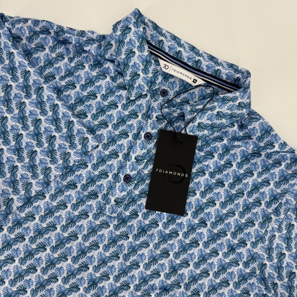 7 Diamonds Belize Men Blue Monstera Leaf Tropical 4-Way Stretch Polo Shirt M NEW